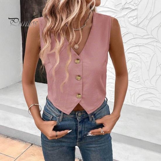 Versatile V-neck Vest Women's Sleeveless Top V Neck Button Down Crop Stylish Tank Summer Going Out Waistcoat Casual Business Shirt Retro-inspired for