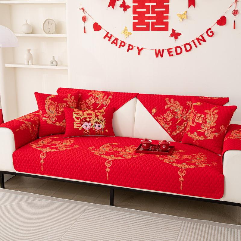 

Pure Cotton Wedding Festive Big Red Sofa Cushion Fabric Four Seasons Universal Non-Slip Concubine Seat Cushion Cover Red Dragon And Phoenix 70*70cm