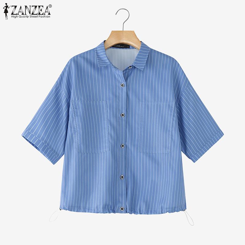ZANZEA Women Casual Turn Down Collar Short Sleeve Loose Stripe Blouse