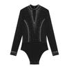 Mens Figure Skating Bodysuit Mock Neck Long Sleeve Sheer Mesh Patchwork Colorful Rhinestones Latin Dance Leotard