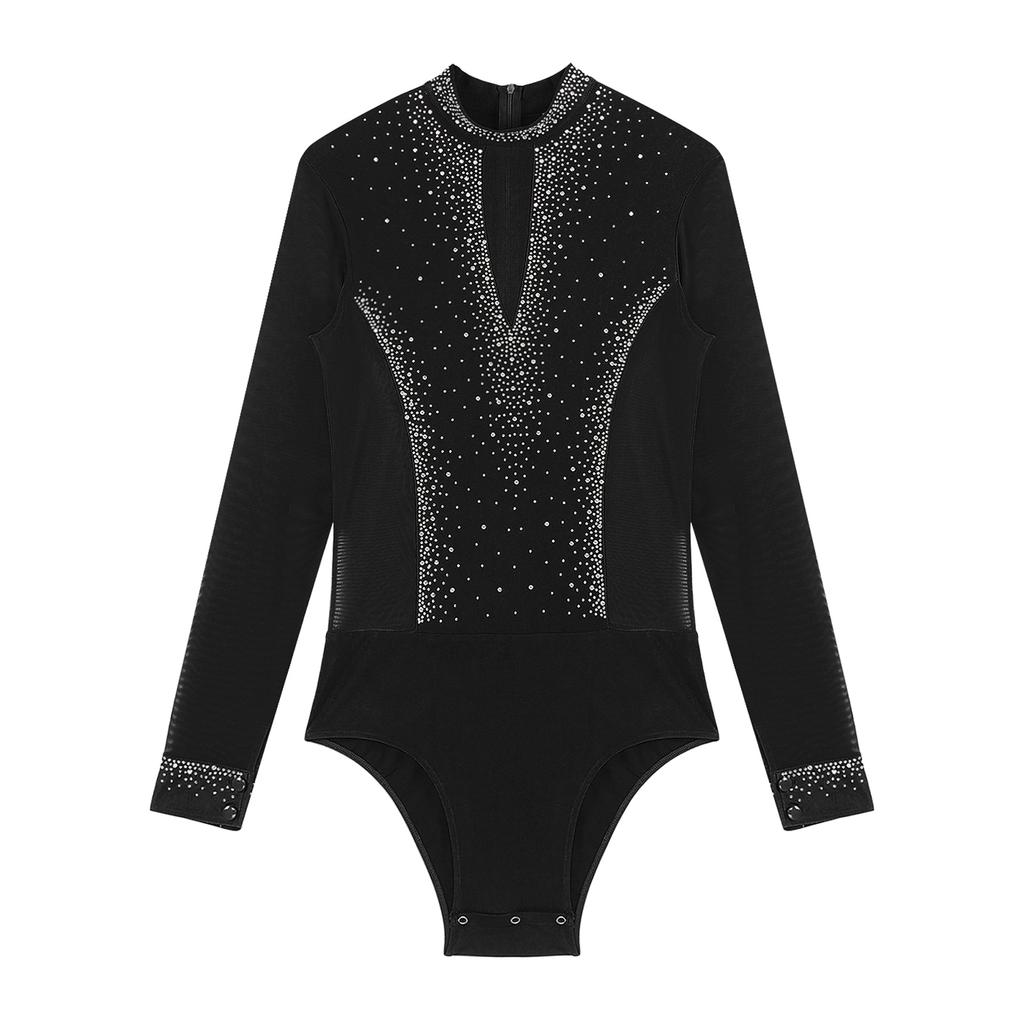Mens Figure Skating Bodysuit Mock Neck Long Sleeve Sheer Mesh Patchwork Colorful Rhinestones Latin Dance Leotard