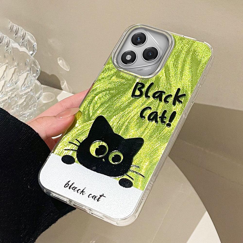 Green Cartoon Black Cat Camlet Texture Phone Case for Honor 400 200 Pro Magic7 6 5 Lite X9a X9c X8b X8a X8c Silicone Shell Cover