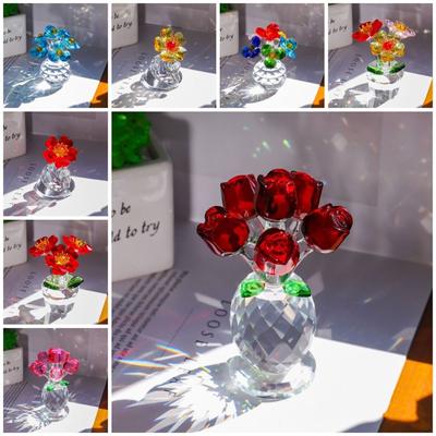 Şeffaf Taban Mini Cam Çiçek Heykeli Süsü Yapay Çiçek Figürin Yıl Dönümü