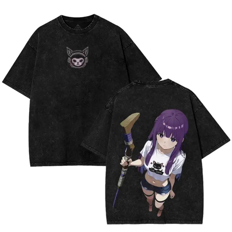 Frieren Beyond Journey's End Clothing Men Women Manga T-shirts Vintage Washed T Shirt Casual Cotton Tee Harajuku Male Tshirt