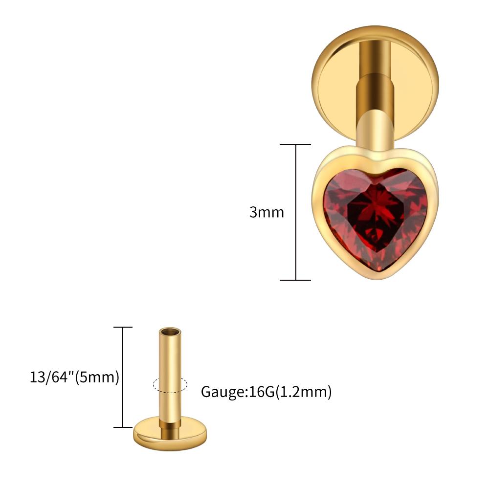 Right Grand ASTM F136 Titanium Heart Shaped CZ Flat Back Labret Stud 16G Garnet Cartilage Helix Ear Piercing Halloween Jewelry