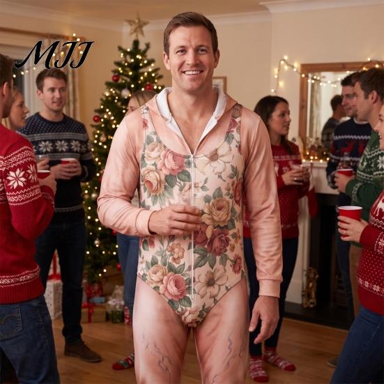 Relaxed Fit Rompers Funny 3D Dad Bod Onesie for Men, Ugly Halloween One-Piece Romper Soft Loungewear Men with Hood, Zip Up Long Sleeve Jumpsuit,