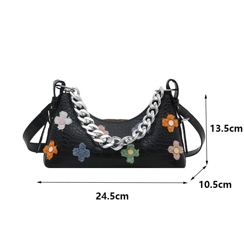 New Crocodile Pattern French Toast Bag Fashion Flower Embroidery Chain Shoulder Bag Women's Shoulder Cross-Body Bag AVE
