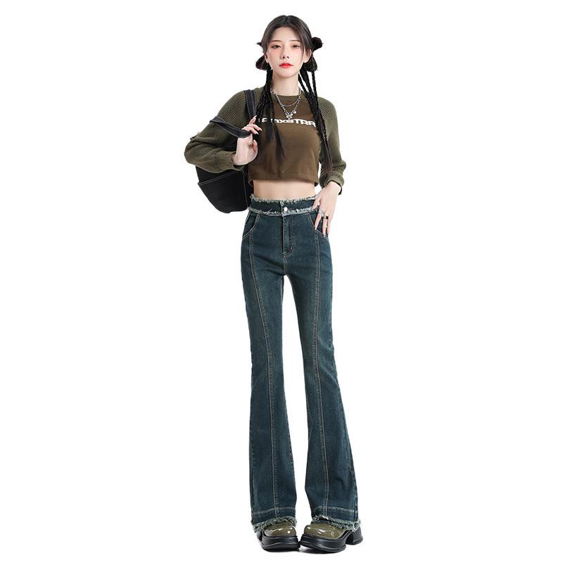 

Женские джинсы микро-клеш с высокой посадкой и кисточками 2025 - Облегающий крой, Длина в пол, Весенняя коллекция L синий