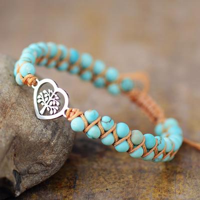 Turquoise and Peach-shaped Beads, Tree of Life Motif, Hand-woven Bracelet/wristband.