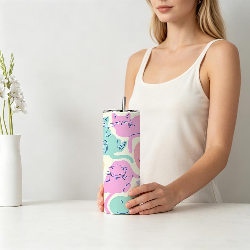 Straight Cup 591ml Color Cat Element Straw Cup Slim Vacuum Bottle Gift Cup Travel Cup Straight Cup 591ml