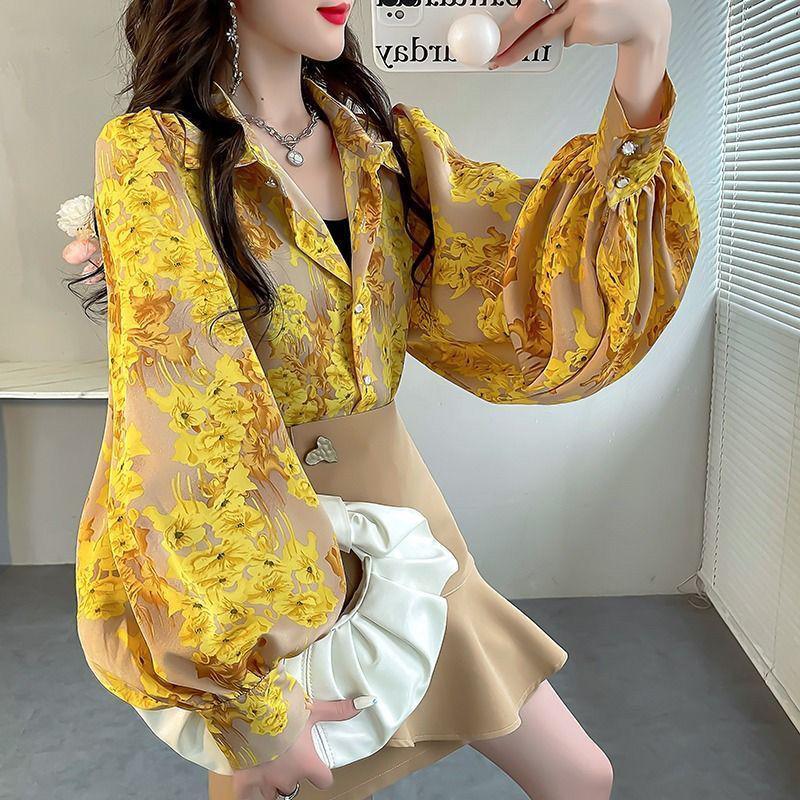 

Женский весенний свободный топ с рукавами-фонариками - модная рубашка с принтом в стиле ниши M