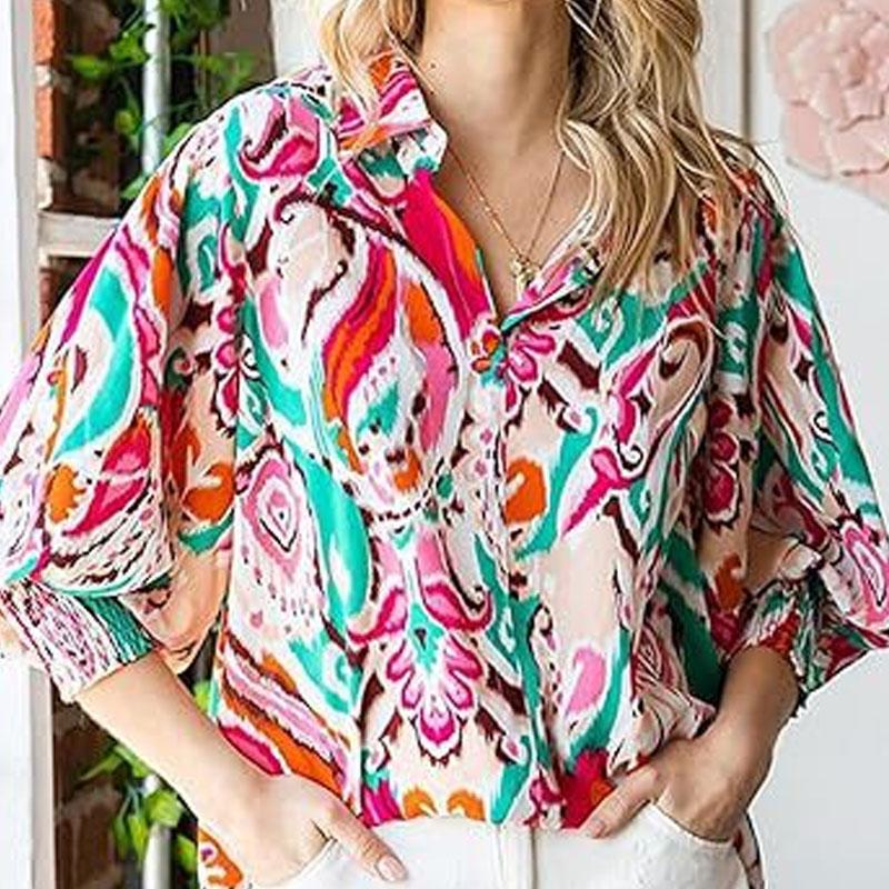 

Long-sleeved printed blouse, lapel, lantern-sleeved shirt, autumn new style pullover, loose printed elastic cuffs, women s blouse S