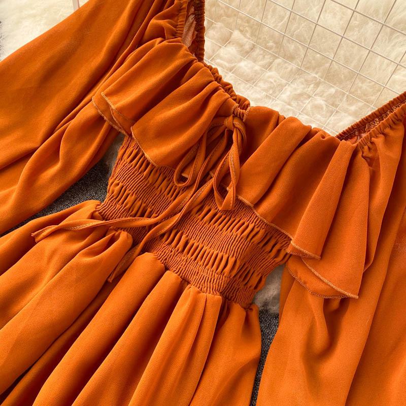 Chic Gentle Wind Dress Autumn Women's French Vintage Square Neck Magenta Bubble Sleeve Dress