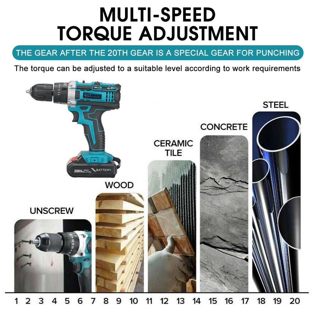 288VF 3 In 1 350 Nm 1/2" Hammer Drill With Drill Kit+Screwdriver Power Tool Rechargeable Cordless Drill Brushless Impact Driver