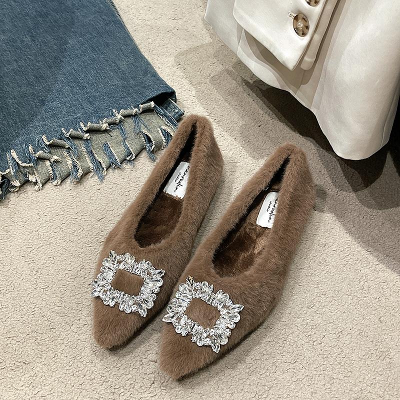 Aphixta Luxury Crystal Buckle Slip On Flats Soft Furry Shoe Shallow Flat With Women Loafers Pointed Toe Warm Casual Shoes