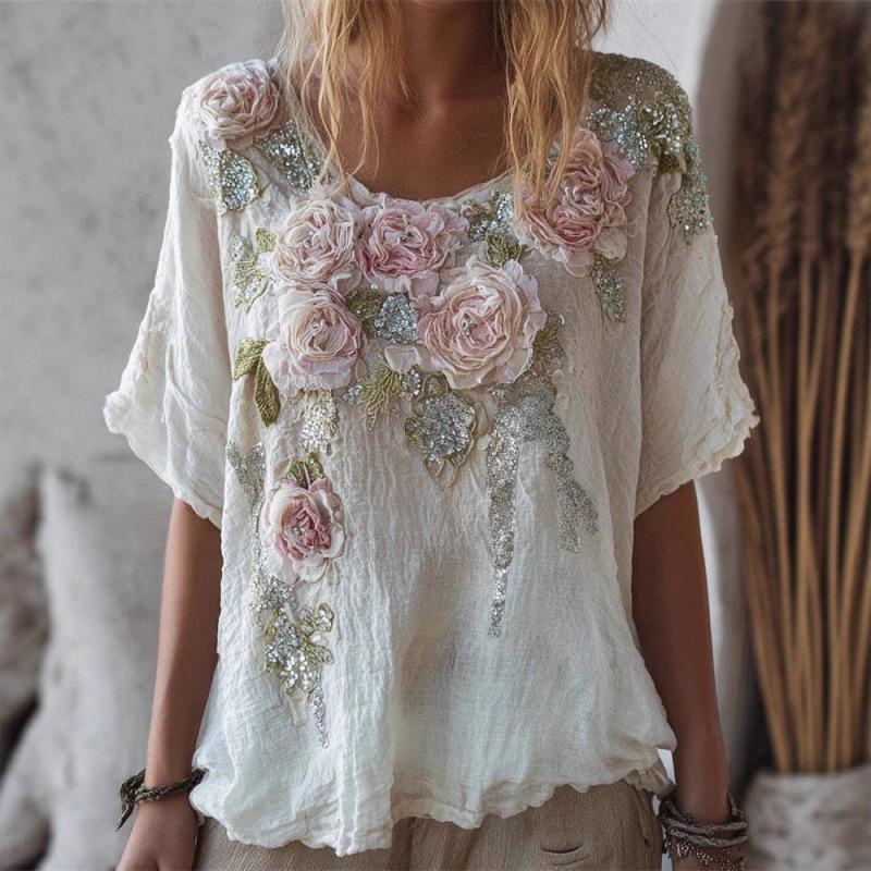 Women's 3D Print Drop Shoulder Jacquard Top - Summer Casual Loose Fit Short Sleeve