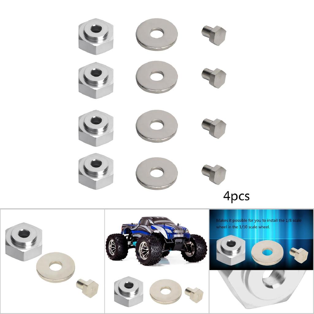 4pcs Aluminum Alloy 12mm Turn To 17mm Wheel Hex Adapter for 110 RC Car (Silver)