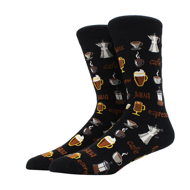 Roliga glada herrstrumpor med grafisk design, kammad bomull, omelett, groda, galen klocka, lax, majs, fågel, fisk, strumpa, julklapp