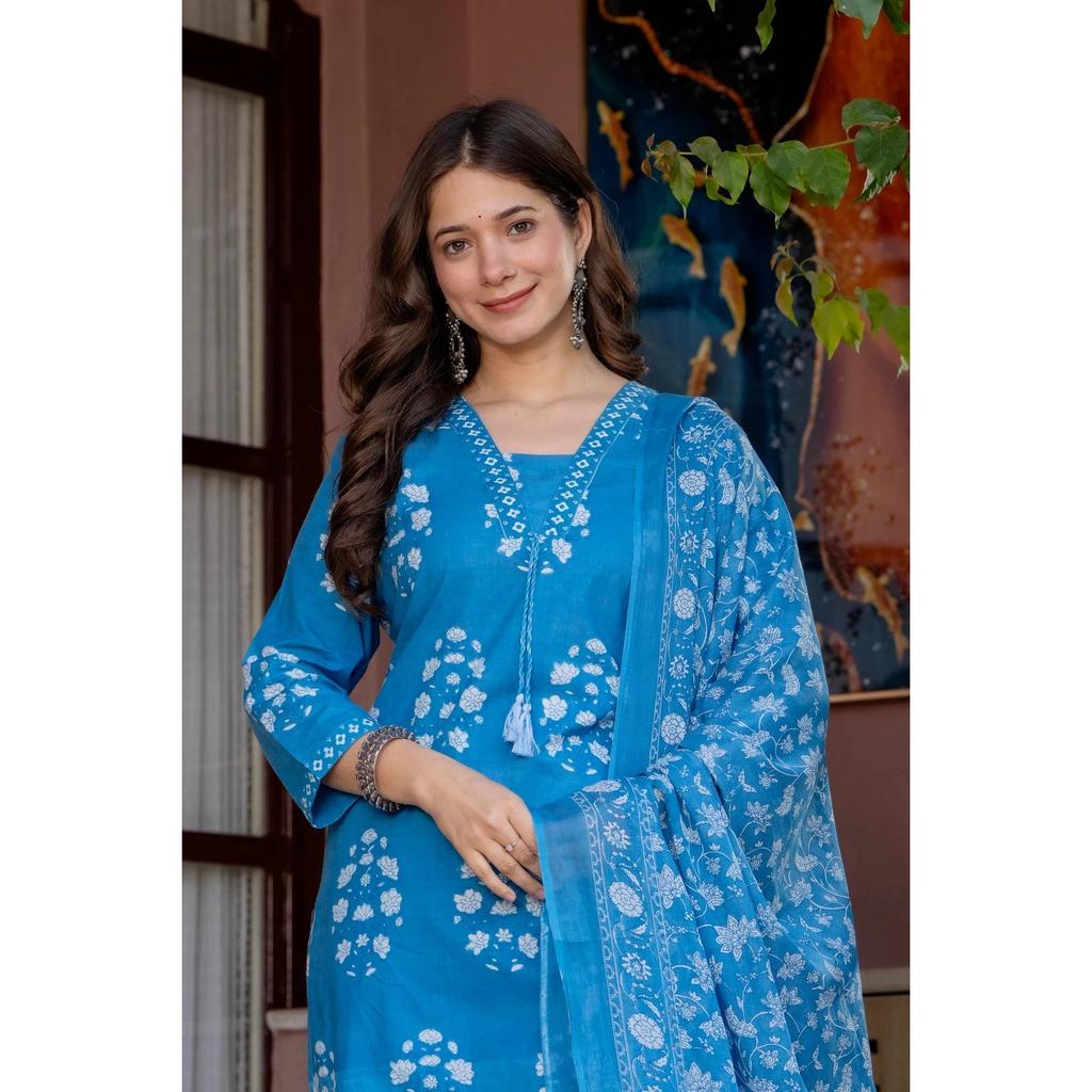 Pure Cotton Printed Kurti Pant Dupatta Set Women's Ethnic Top Tunic Kurta Set