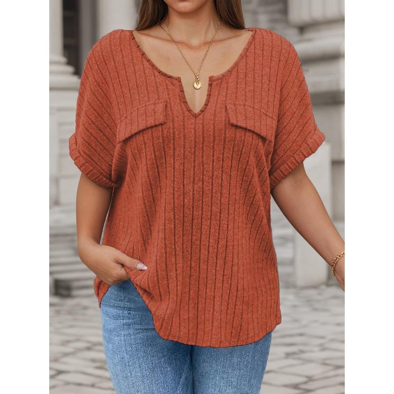 QICED Women's Fashion Casual Solid Color Print Short Sleeve V Neck Blouses & Shirts