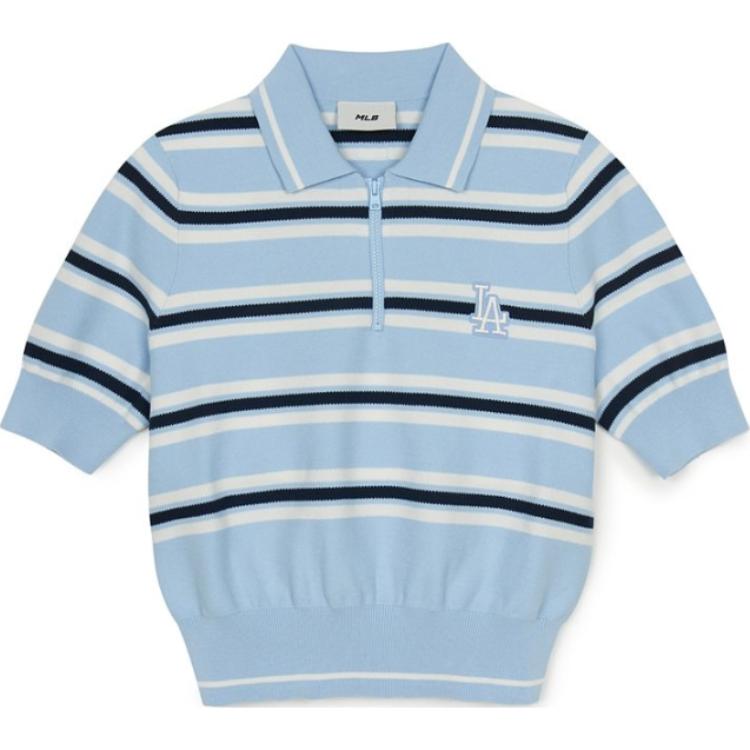 MLB Striped Zip Short Sleeve Knit Top Women Tops Light-Blue 3FKPV0253-07SBL