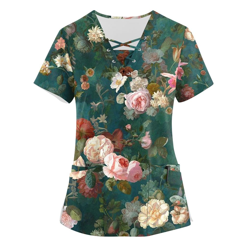 Women's Printing Short Sleeve V-neck Tops Working Pocket Blouse