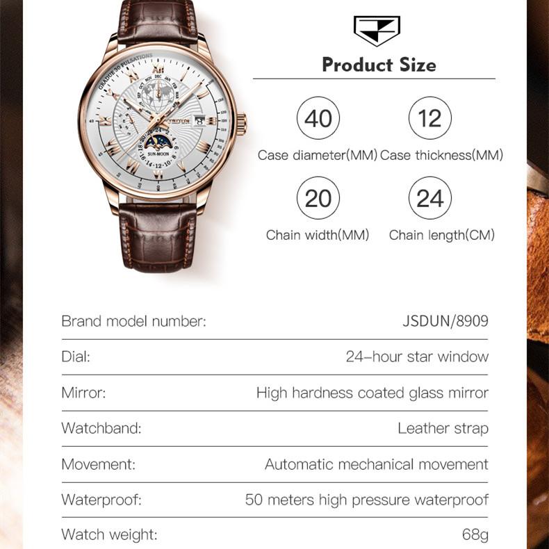 JINSHIDUN Neue Business- und Freizeit-Herrenuhr Automatische mechanische Uhr Drei-Augen-Sechs-Zeiger-Uhr Modetrend Herrenuhr