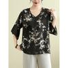 New Chinese style oblique placket ink print large size women's shirt summer retro three-quarter sleeve loose versatile short-sleeved top