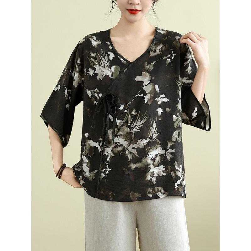 New Chinese style oblique placket ink print large size women's shirt summer retro three-quarter sleeve loose versatile short-sleeved top