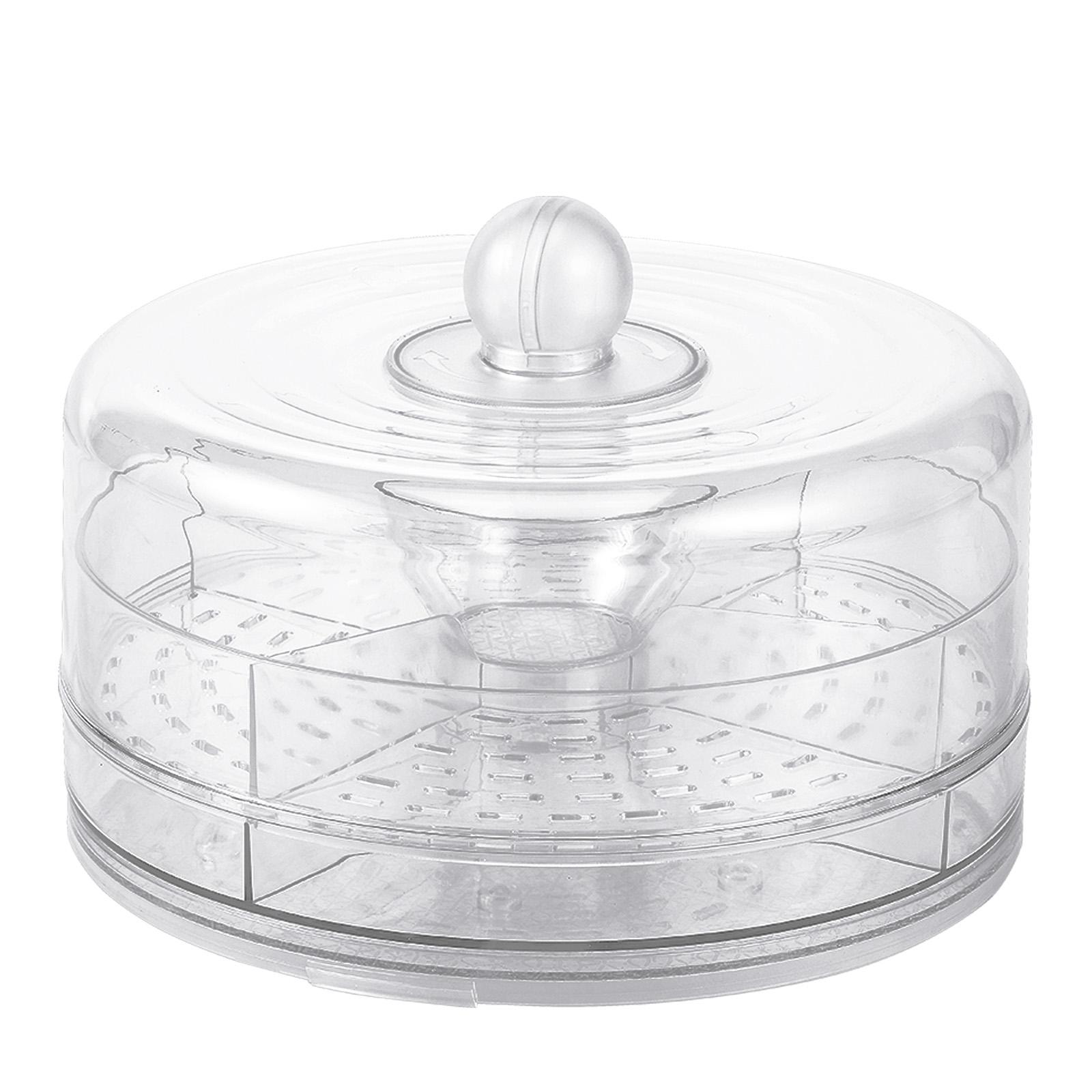 

360° Rotating Fruit Ice Serving Tray Chilled Veggie Dish Appetizer 4 Compartments and Lid Outdoor Cold Food Buffet Dispenser прозрачный