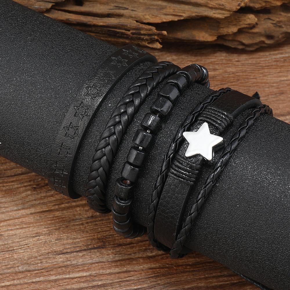 European and American New Dark Wind Alloy Pentagonal Leather Bracelet Four-Piece Set Men's Leather Bracelet Factory Direct Sale