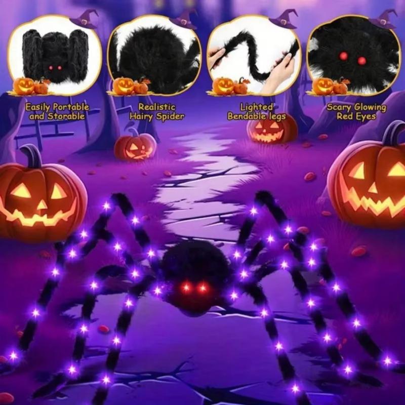 Halloween Riesige Leuchtende Flauschige Schwarze Spinne Lila LED Batteriebetrieben 8 Modi Spinnenlichter Für Innen Außen Veranda Dekor