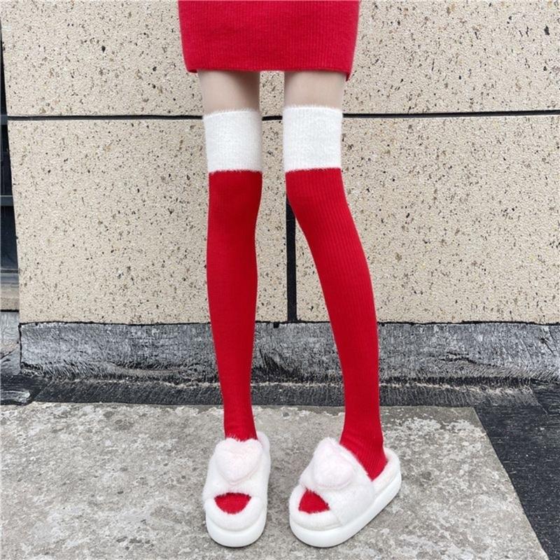 Classical Holiday Themed Cosplay Christmas Thigh High Long Socks for Women Plush Top Patchwork Over the Knee Stockings