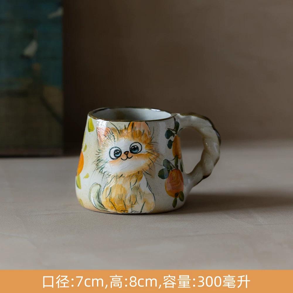 Cute Cat Ceramic Mug,Vintage Hand-Painted Ceramic Mug, Retro Floral Coffee Cup, Handmade Art Teacup for Home Office