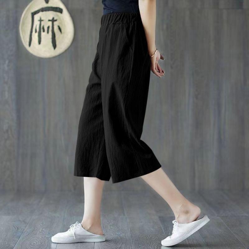 Women's High Waist Linen Wide Leg Cropped Pants Loose Fit Minimalist Capri Pants Pocket Casual Seven Trousers