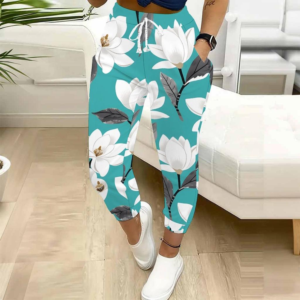 Summer Ladies Realistic Large Flowers Prints Printed Sweatpants Loose Fit Drawstring Joggers Elastic Cuff Daily Casual Pants