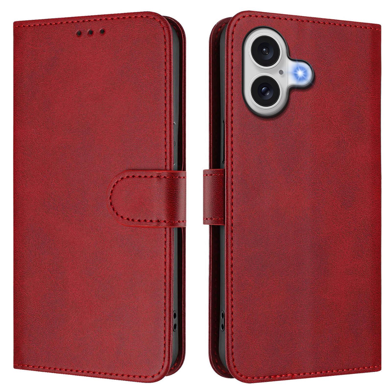 

For iPhone 17 Wallet Case RFID Blocking Calf Texture Leather Stand Phone Cover with Strap Wine Red
