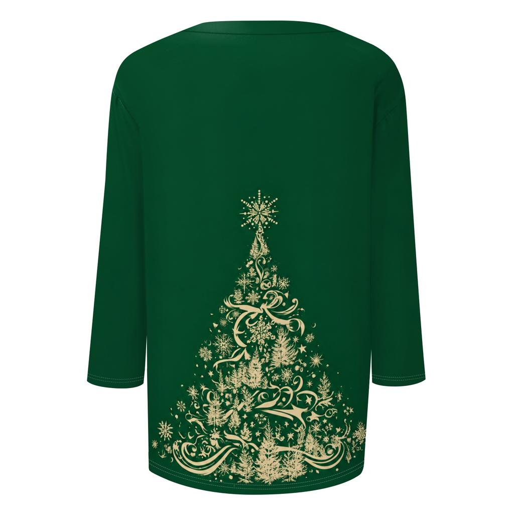 Women's Christmas Print V-Neck Three-Quarter Sleeve Loose Fit Casual Shirt