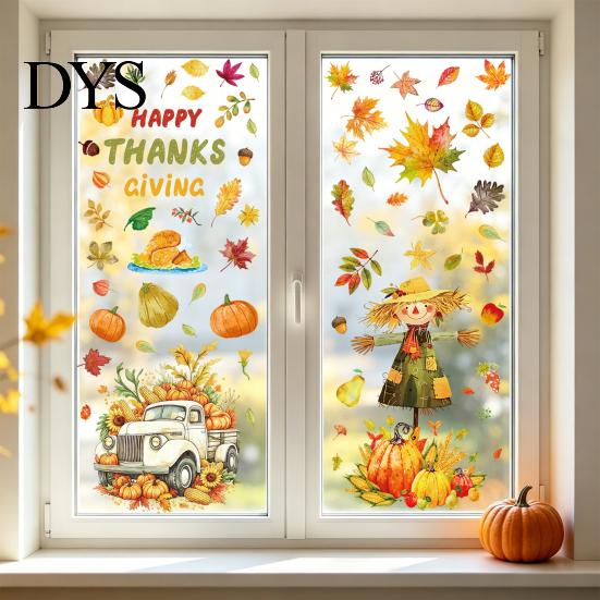 Holiday Party Supplies 4 Sheets Autumn Harvest Static Window Stickers, Maple Leaves Pumpkins Scarecrow Pickup Truck Reusable Glass Stickers