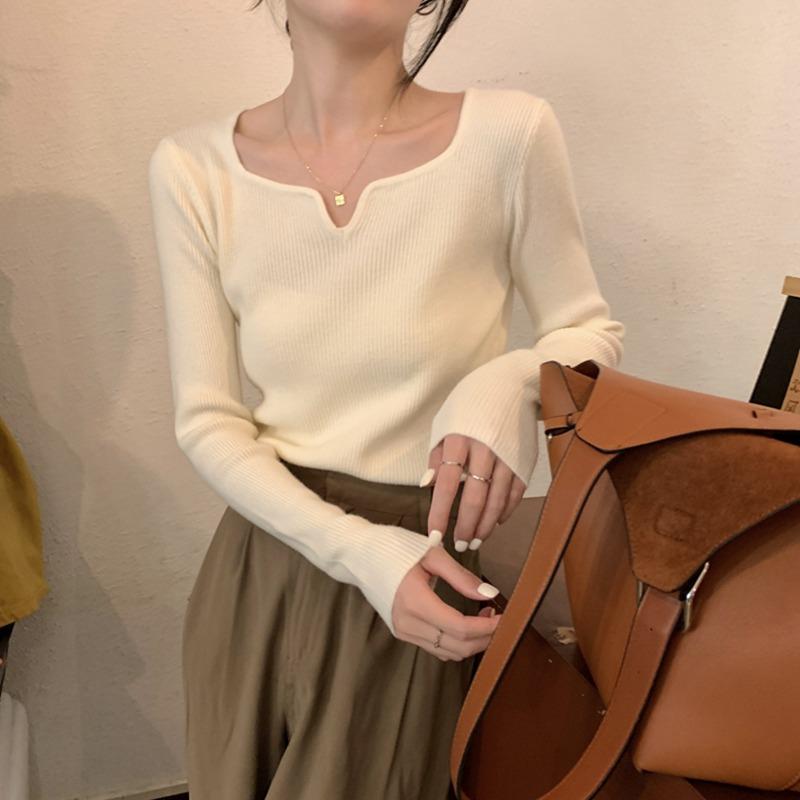 Fashion Square Collar Inner Knitted Pullover Bottoming Sweater Autumn Winter Slim Fit Office Loose Tops Knitwear V Neck Solid Basic Sweet Clothing