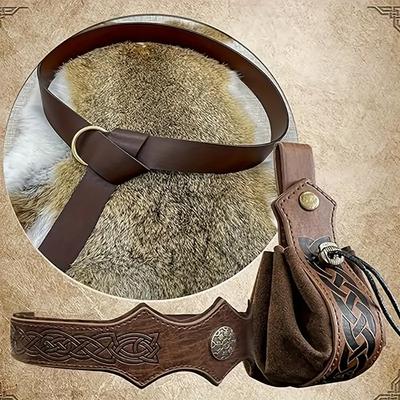 3PCS Medieval Cosplay Copper Coin Waist Bag Renaissance Vintage Leather Belt Halloween Role Playing Headwear Accessories Set