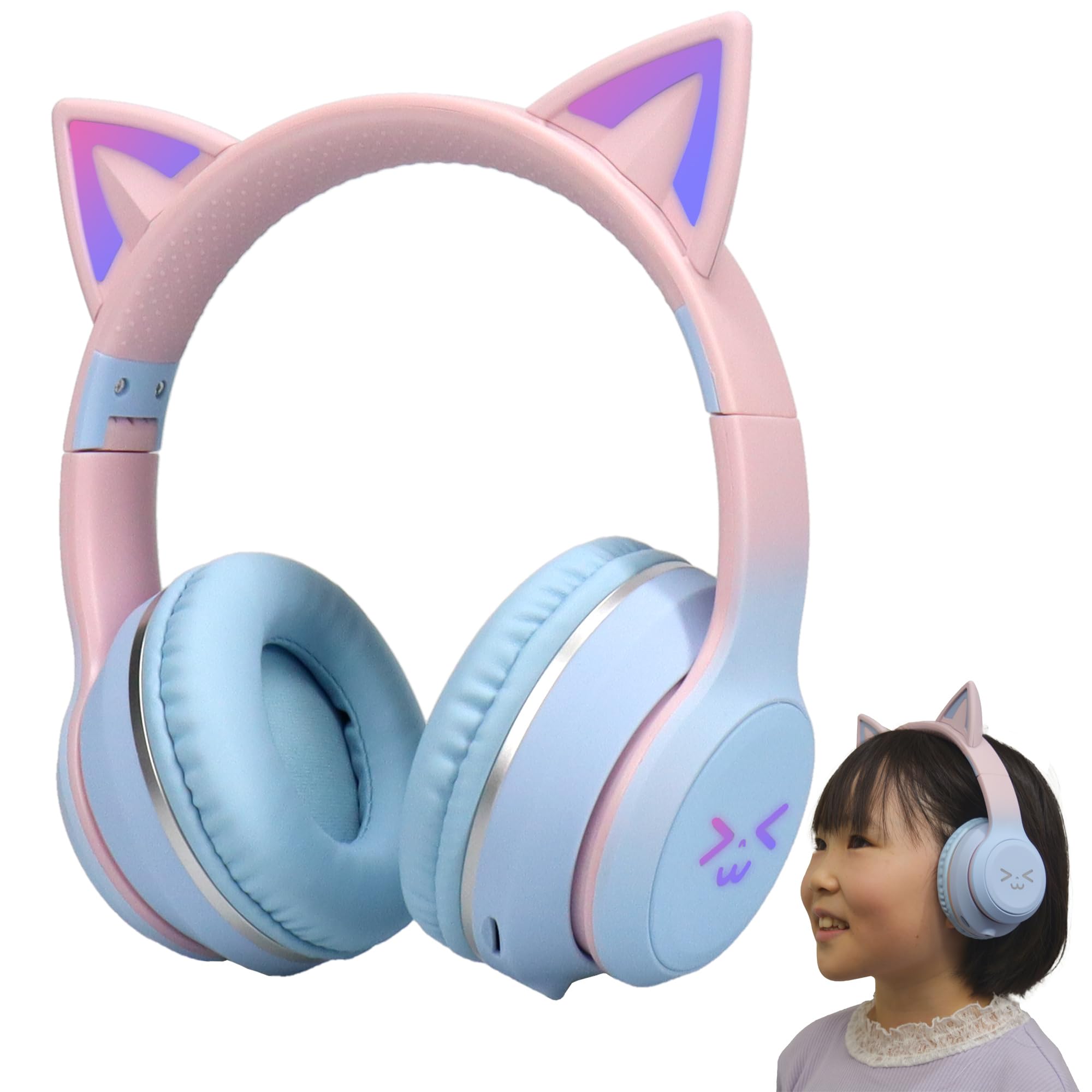 

[Yokotona] Wireless Cat Ear Headphones, Blue, Bluetooth 5.3, with LED Lights, Cute Sparkly Rainbow Colors, Built-in Microphone, Japanese Instruction