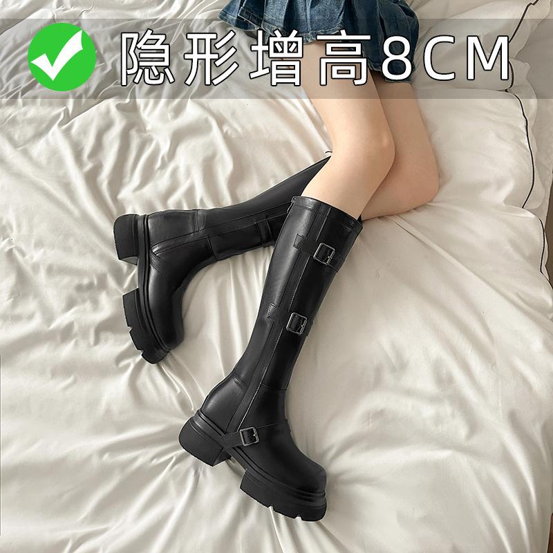 

Thick-soled inner height-increasing leather buckle knight boots women s tall Martin boots autumn and winter new small long boots women 39