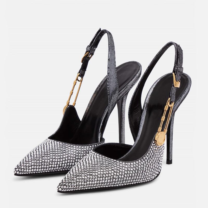 Luxury Rhinestones Sequined Buckle Women Pumps Elegant Pointed Toe Slingbacks Stiletto High Heels Spring Summer Shoes