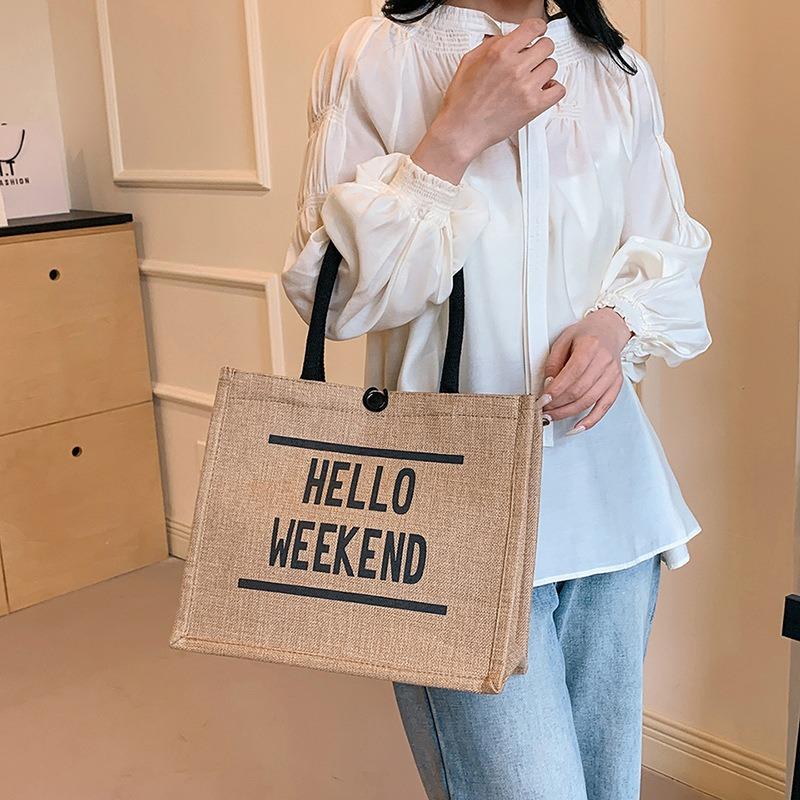 Linen bag handbag new simple letter large capacity tote bag shoulder crossbody commuter canvas tote bag