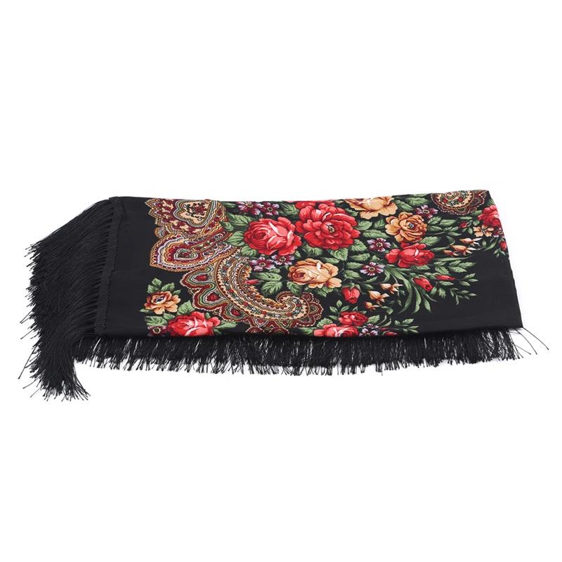 Women's Vintage Floral Print Shawl - Square Ethnic Scarf With Four-Sided Tassels For Travel & Dust Protection 
