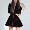 Women's Decorative Long Sleeve Pleated Skirt PU Leather Zipper Dress