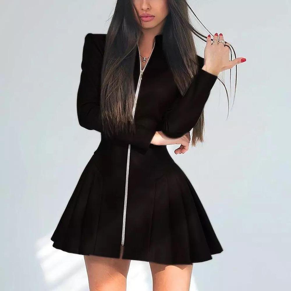 Women's Decorative Long Sleeve Pleated Skirt PU Leather Zipper Dress