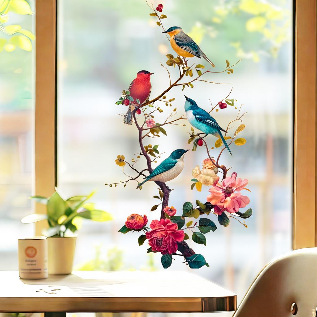 Blumen Vogel auf Ast Statisch Haftend Fensteraufkleber Selbstklebend Abnehmbar Schlafzimmer Wohnzimmer Balkon Glastür Heimdeko Kunst