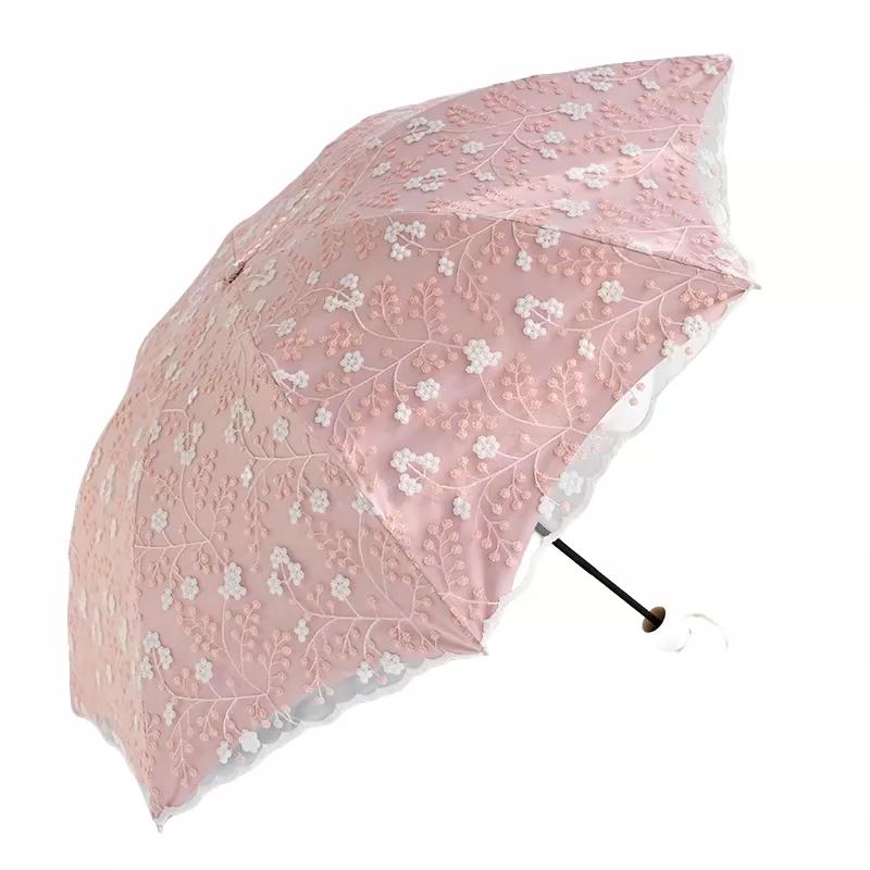 Double-Layer Lace Embroidered Sun Umbrella for Women, Black Glue Coating for Sun Protection and Uv Protection, Princess Umbrella, Sunshade and Rain